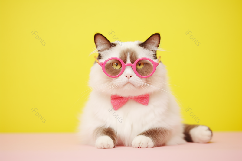 戴眼镜的宠物猫黄色背景粉色眼镜,高清,摄影图,摄影图片,图片大全,摄影图免费下载